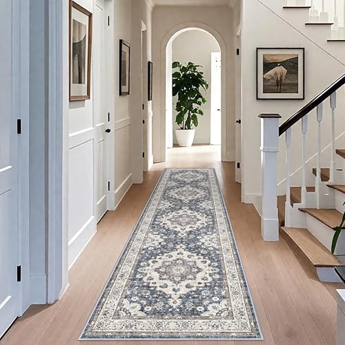 Washable 3x12 Hallway Runner Rug: Oriental Non-Slip Rugs for Entryway Living Room Floral Stain Resistant Long Kitchen Bathroom Carpets Accent Low Pile Floor Mat for Dining Room Bedroom (3x12,Blue) - color: Blue, size: 3' x 12' (Rectangular)