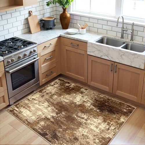 RELEANY Washable 3'x5' Abstract Area Rug for Living Room Brown Tan - color: Brown/Tan, size: 3' x 5' (Rectangular)
