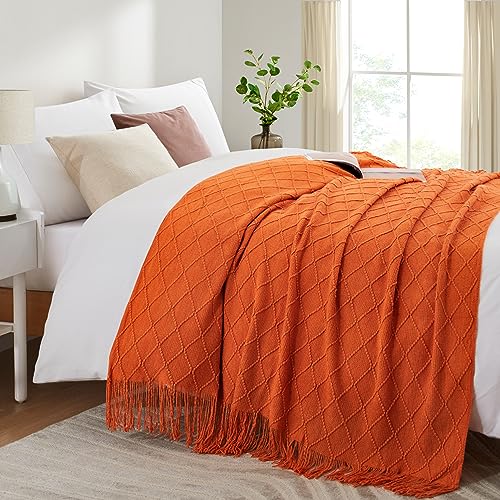 Acrylic Knitted Throw Blanket, 50 x 60 Inches, Orange - color: Orange