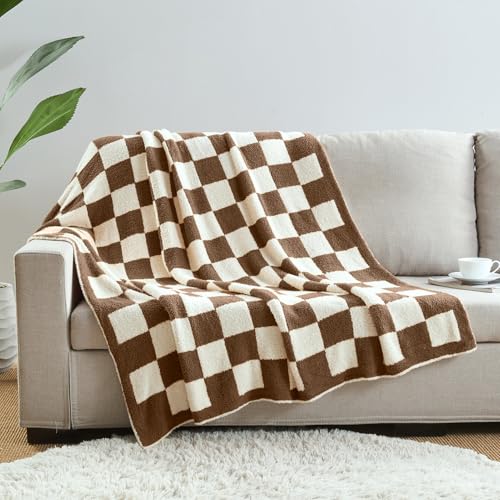 CozeCube Brown White Reversible Checkered Knit Throw Blanket 50"x60" - color: Dark Brown, size: 50"x60"