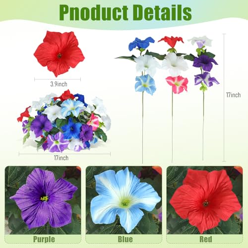 Uieke Artificial Flowers for Outdoors, 24PCS Fake Petunias Outdoor Artificial Plants UV Resistant, Morning Glory for Garden Patio Porch Yard Decor(7 Color) - color: Purple & Red & Blue & White