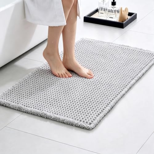 Waffle Bath Mat with Tassels 32x20 Non Slip Absorbent, Light Grey - color: Light Grey, size: 32" X 20" (Bathroom Rug)