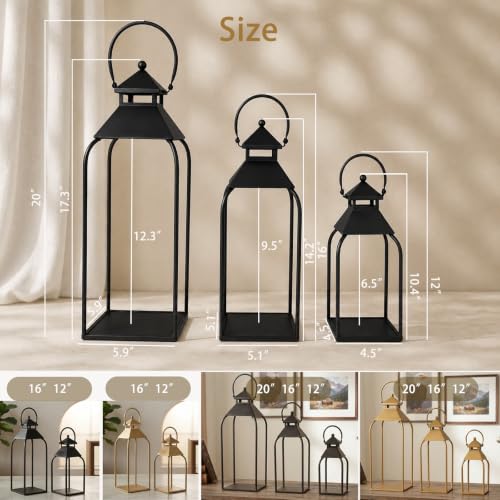 20" 16" 12" Farmhouse Metal Lanterns, Arched Handle Candle Holder for Porch