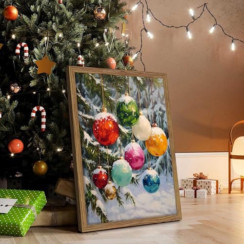 Vintage Framed Christmas Wall Art, Christmas Balls on the Christmas Tree Picture Decorations, Winter Holiday Wall Decor, Christmas Balls Canvas Prints for Bedroom, Christmas Gifts – 12x16in - color: Christmas Balls, size: 16"L x 12"W