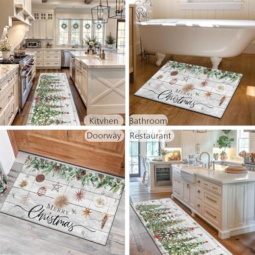 Christmas Kitchen Rugs Set of 2, Christmas Tree Holly Christmas Rugs, Non-Slip Washable Kitchen Mats, Winter Christmas Kitchen Decor, Wood Grain 17x30+17x47 Inch - color: Christmas Tree