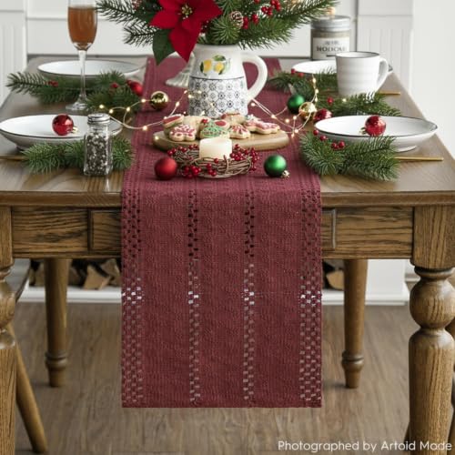 Artoid Mode Red Woven Farmhouse Hollow Table Runner 12x36 Inch - color: Red, size: 12" x 36", Table Runner