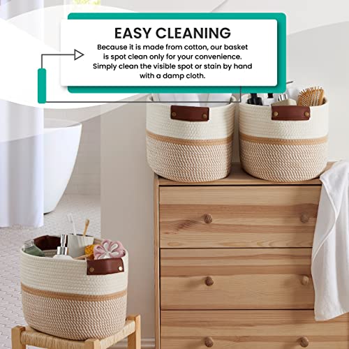 3 Pack Woven Cotton Rope Storage Basket, 15x10x9, White/Brown - color: White/Brown