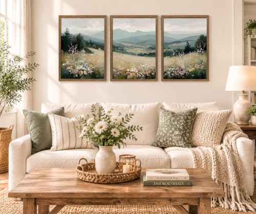 Minimalist Mountain Triptych Wall Art Set of 3, Foggy Wildflower Canvas - color: MountainFlower, size: 12x16 Inch
