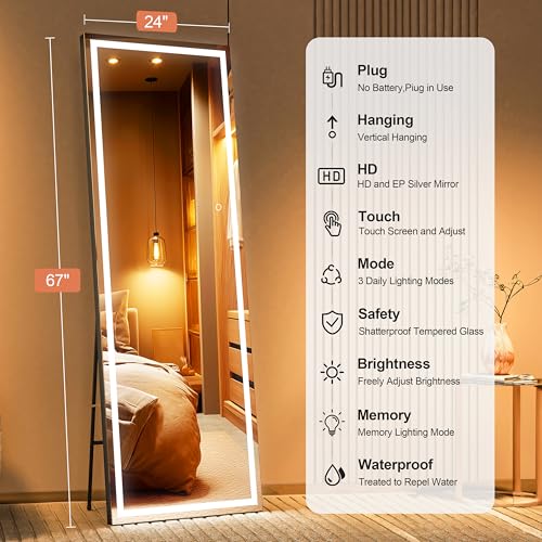 67" x 24" Full Length Mirror with Lights, LED Lighted Floor Standing Body Mirror, Dimmable & 3 Color Lighting for Bedroom, Cloakroom, Dressing Room, Tempered Glass, Black Frame - color: Black, size: 67"L x 24"W