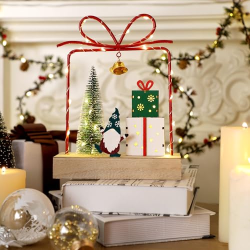 Christmas Tabletop Decoration, Wooden Lighted Christmas Gift Box Collectible Buildings Decorations, Christmas Giftboxes Santa Ornaments, Battery Operated Christmas Indoor Fireplace Table Decorations - style: Santa & Tree & Gift Box