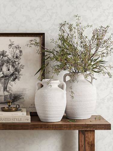 White Ceramic Vase with Handles, 9.5Inch, Farmhouse Rustic, Gritstone White - color: Winnie - Gritstone White, size: M(8.8"-9.8")