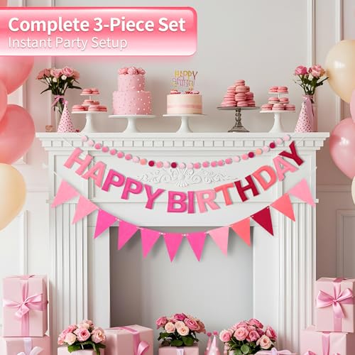 Pre-Strung Felt Happy Birthday Banner Pink Garland Set - color: Ombre Pink