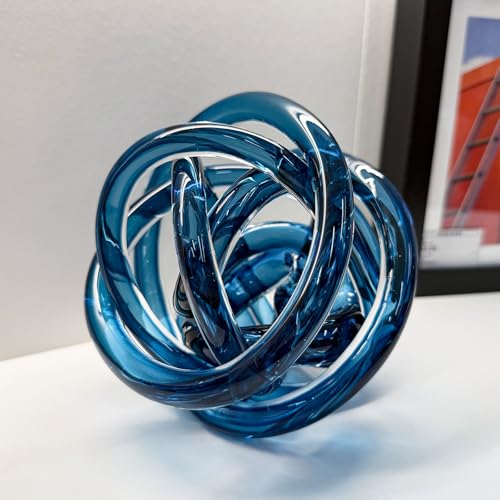 Glass Knot Teal Decor Ball - 5 Inch Hand Blown Infinity Sculpture Orbit Home Decor Table Decoration Interio Art - color: Navy Blue, size: 5-Inch Diameter
