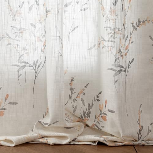 MYSKY HOME Floral Sheer Curtains 84 Inch Long Linen Blended 2 Panels Yellow - color: Yellow, size: 50"W x 84"L (Pack of 2)