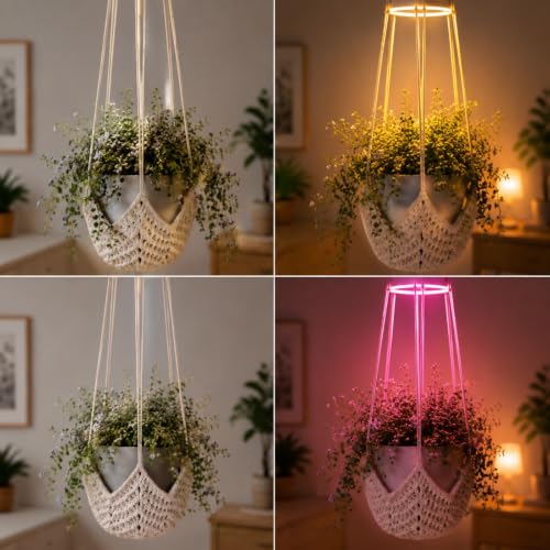 Shappy Hanging Plant Grow Light with Macrame Hanger, Indoor Lamp, Cream - color: Cream, size: Grow Light