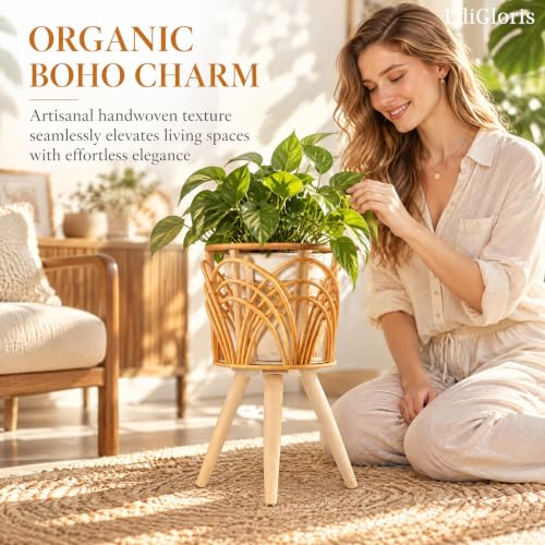 Boho Rattan Plant Stand, Set of 2 (Small & Medium), Indoor Outdoor