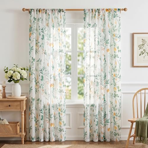 MYSKY HOME Green Sheer Floral Curtains 84 Inch Length for Living Room - color: Green, size: 52"W x 84"L (Pack of 2)