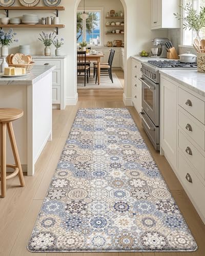 DEXI Kitchen Floor Mats Cushioned Anti Fatigue Runner Rug, 24x87 - color: Blue/Beige, size: 87"L x 24"W x 0.4"Th