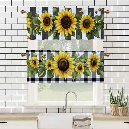 Sunflowers Valance Curtains 2 Pack Buffalo Plaid Spring Summer Valance for Kitchen Windows Bathroom Living Room Bedroom Window Treatment Valances 54x18 inch - color: Sunflowers