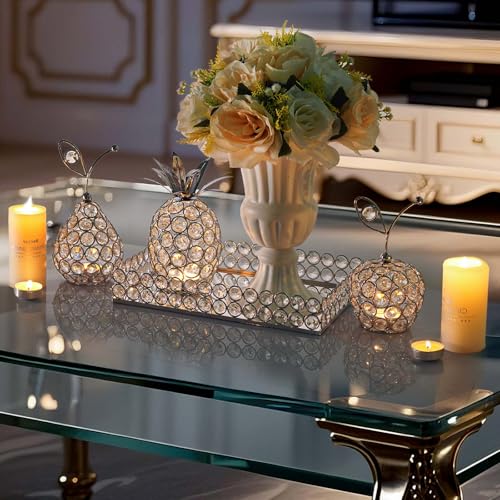 Elegant Decorative Trays & Crystal Fruit 4-Piece Set, Crystal Tea Light Holder - Wedding Centerpieces for Holidays, Home Table Decorations, Fruit Displays and Candle Holders (Silver, Set of Four) - color: Silver, size: Rectangular
