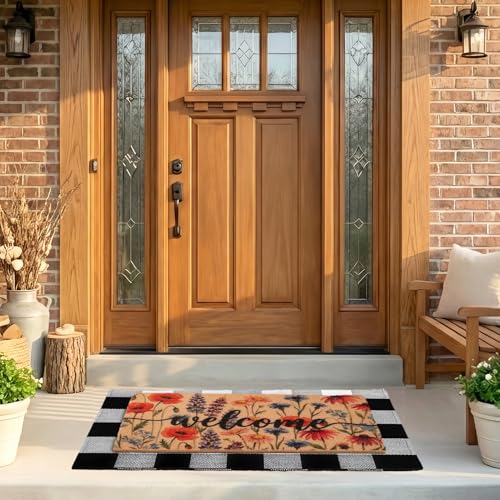 2-Piece Layered Welcome Mat Set - Coir Doormat & Buffalo Plaid Rug - color: Spring Floral 1