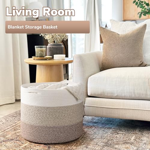 Goodpick Woven Basket for Blankets & Toys, Nursery & Living Room Decor, 45L - color: White & Light Brown, size: 15.8x15.8x13.8 Inch (Pack of 1)