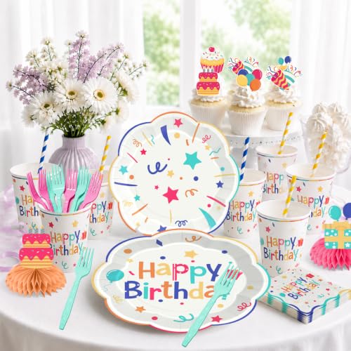 Xynic 197pcs Colorful Birthday Decorations, Serves 25 | No assembly disposable paper set includes pre-strung banner, 350gsm plates, waterproof tablecloths, cake topper