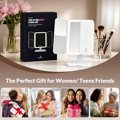 EASEHOLD Trifold Lighted Makeup Vanity Mirror with 1X/2X/3X Magnification - color: A-white- 2000 Mah Rechargable