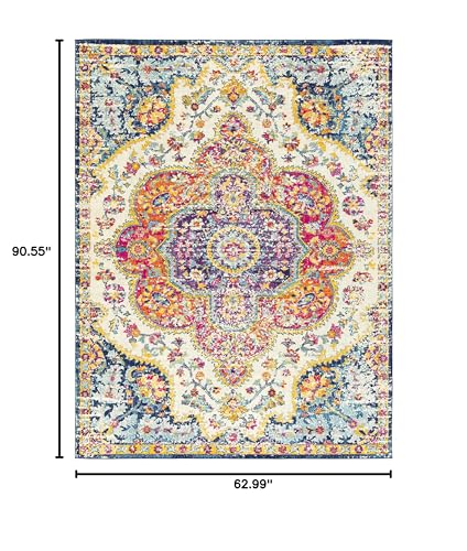 Hauteloom Upton Living Room, Bedroom Area Rug - Medallion Floral Border Distressed Abstract - Traditional Oriental Transitional Boho Turkish - Navy, Fuchsia, Gray, Cream, Ivory - 5'3" x 7'7" - color: Navy, Fuchsia, Gray / Simsbury, size: 5'3" x 7'7" (Rect