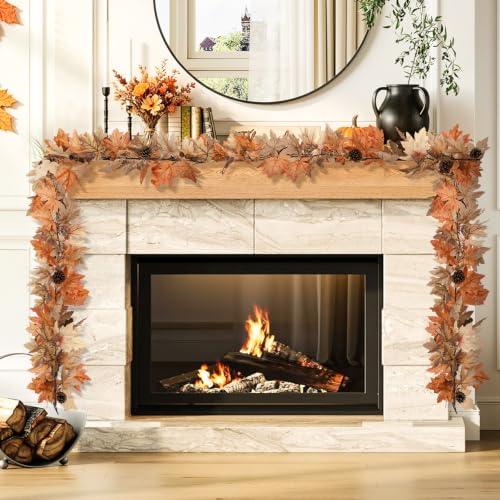 9 Ft Fall Garland with Lights & Timer, Thanksgiving Fireplace Mantel Decor - size: 9 Ft