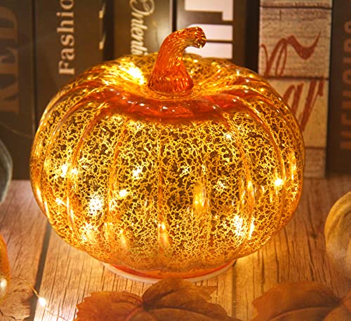 Mercury Glass Pumpkin Lights with Timer Set of 3, Battery Operated Glass Pumpkin for Halloween Thanksgiving Fall Autumn Decorations Tabletop Home Holiday Decor, Gold (Height:5.5“/7.7”)