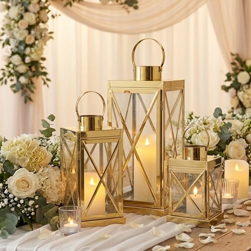 TRIROCKS Gold Stainless Steel Lantern Set of 3-Square Elegance 8/12/16 Inch Opulent Metal Candle Lanterns Candle Holder with Tempered Glass for Home Garden Indoor Outdoor Decor Celebratory Everyday - color: Gold