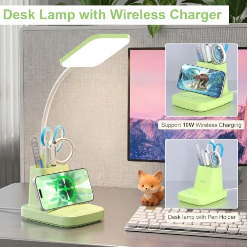 LED Desk Lamp with 10W Wireless Charging & Pen Holder, Light Green - color: Green
