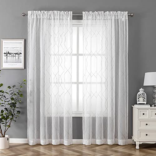 VISIONTEX White Sheer Curtains Grey Dots Moroccan Embroidered 84 Inches - color: Dots-grey, size: 54"W x 84"L (Pack of 2)