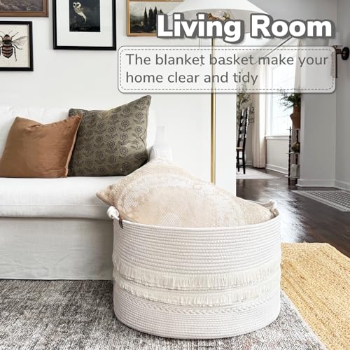 CherryNow 90L Large Woven Rope Blanket Basket with Tassel, 22" x 14", White - color: Off-white, size: 83L (22"W x 14"H)