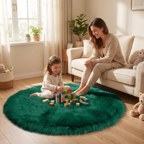 Emerald Green Faux Fur Sheepskin Round Rug 4x4 ft, Fluffy Shag Circle Rug - color: Emerald Green, size: 4' x 4' (Round)
