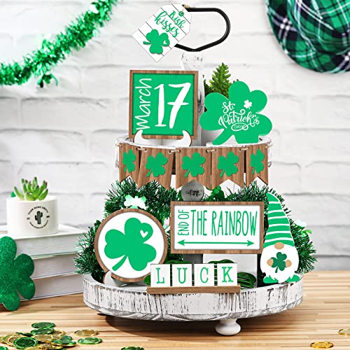 Jetec 12 Pcs St. Patricks Day Tiered Tray Decor Trefoil Shamrocks Wooden Gnomes Green Lucky Shamrocks Tiered Trays Table Signs for Irish Party St. Patrick's Day Tree Decorations - style: Trefoil