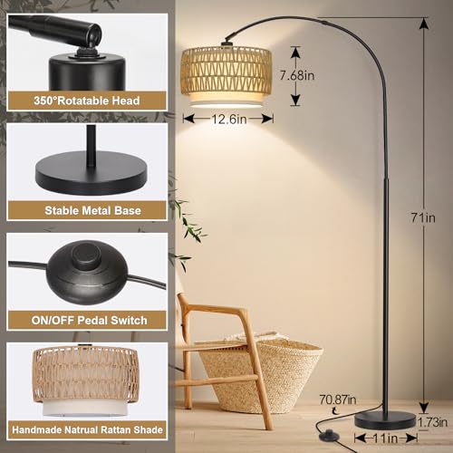 Rattan Floor Lamp, Arc Floor Lamps for Living Room, Farmhouse Standing Lamp with Adjustable Hanging Fabric Shade, Tall Pole Lamp with Foot Switch, Over Couch Arched Reading Light for Bedroom, Office - color: Black Base with Rattan Shade