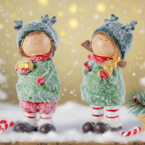 Christmas Boy Figurine with Snowy Antler Hat Small People Figurines Holding Golden Lantern Resin Freestanding Winter Holiday Decorations for Home Mantel Tabletop Display, 9"