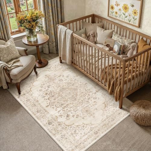 3x5 Beige Washable Neutral Area Rug Living Room - color: Neutral | Beige, size: 3' x 5' (Rectangular)