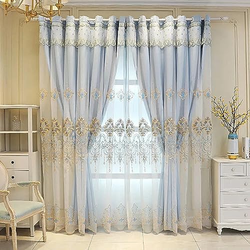 Amidoudou 1 Pair European Curtains with Valance Attached Double Layer Curtains for Living Room Bedroom (Blue,51x90 Inch) - color: Blue, size: 51"W x 90"L (Pack of 2)