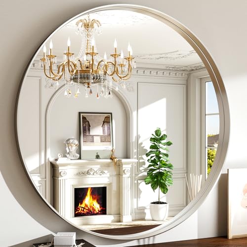 36 Inch Round Bathroom Mirror - Wall Mounted Circle Mirror with Metal Frame, Modern Mirror Suitable for Bathroom, Vanity, Entryway, Living Room, Wall Decor,Silver - color: Silver, size: 36"L x 36"W