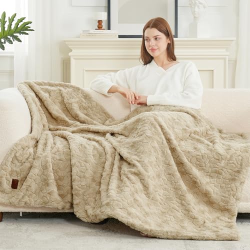 Cozy Bliss Faux Fur Throw Blanket for Couch, Fuzzy Soft Plush Thick Warm Fluffy Reversible Wave Textured Blanket for Sofa Bedroom Living Room, 55 * 70 Inches Khaki - color: Khaki, size: Throw(55" x 70")