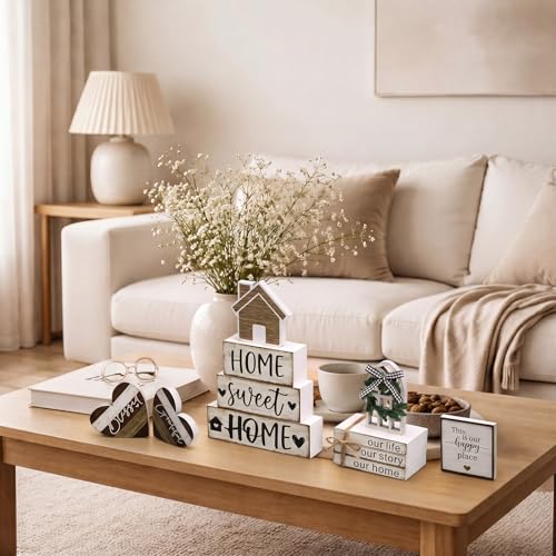 11 Pcs Farmhouse Table Decorations Farmhouse Tiered Tray Decor Set Stack Signs Wooden Heart Rustic Sweet Home Tiered Tray Decor for Kitchen Table Shelf - style: Farmhouse