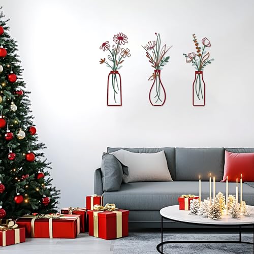 Embewhis Metal Wall Art Flowers 3pcs, Rustic Farmhouse Flower Sculptures, 13.7" Wall Art Decor, Drill-Free Install Option for Living Room, Kitchen, Bedroom & Bathroom - size: C