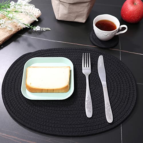 4 Pack Oval Woven Placemats and Set of 4 Round Fabric Coasters, Heat-Resistant Non-Slip Tablemats Woven Washable Charger Plates for Table Decoration (Black) - color: Black, size: Oval Set of 4
