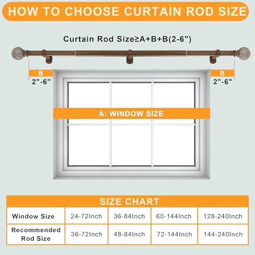 1-1/8 Inch Diameter Wood Curtain Rods for Windows 72 to 144 inch - Adjustable Seamless Aluminum Bracket - Heavy-Duty Boho Curtain Rods with Seaweed Finial - Dark Brown Wood Grain - color: Dark Brown Wood Grain, size: 72-144"
