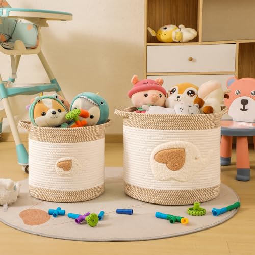 Large Blanket Baskets for Living Room Decor, Toy Storage Baskets 14" x 14" Woven Cotton Rope Storage Basket for Kids, Dog Toys Organizer Clothes Hamper with Embroidery for Nursery Laundry, Elephant - color: Elephant, size: Large