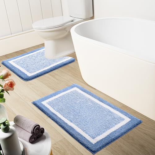 OLANLY Toilet Rugs U-Shaped 24x20, Soft Absorbent Microfiber Bath Mat, Blue - color: Blue and White, size: 24" X 20" Contour Rug
