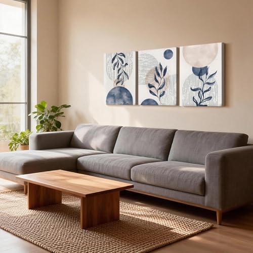 HCJWCXD 3Pcs Boho Wall Art Navy Blue Botanical Framed Canvas Prints 12x16In - color: Navy Blue, size: 12x16 Inches